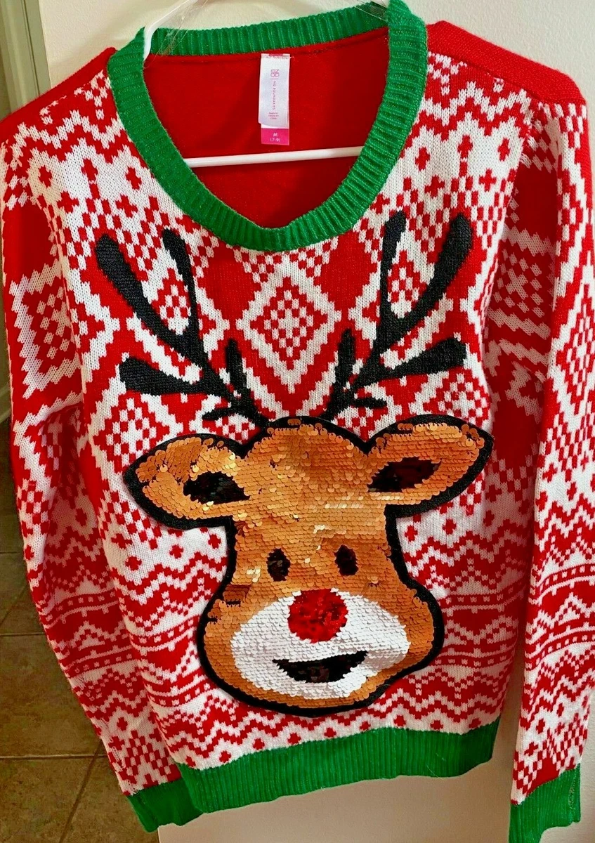 No Boundaries Ugly Christmas sweater Flip Sequin Reindeer Jr. M 7