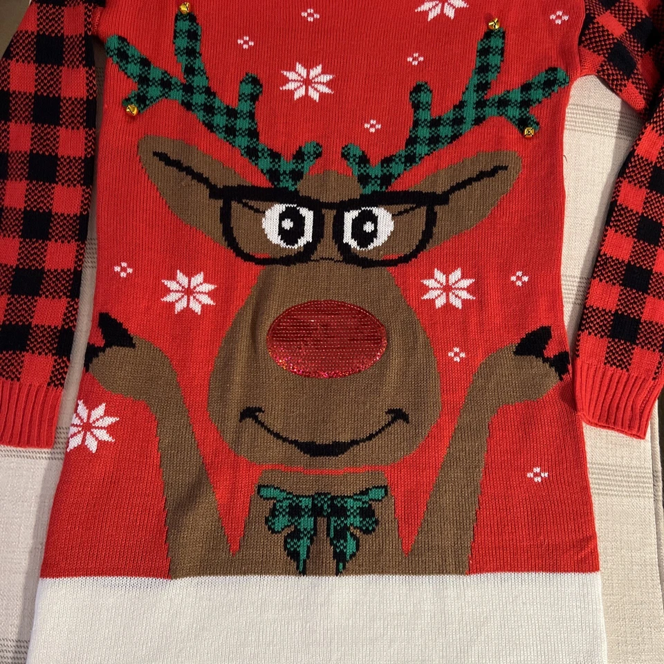 РОЖДЕСТВЕНСКИЙ праздничный свитер платье олень, блестки нос с Jingle Bells размер S - Изображение 3 из 4