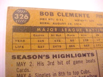 TOPPS 1960 Baseball Card #326 Roberto (Bob) Clemente HOF