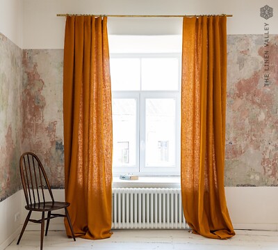 Amber linen curtain ochre yellow rich mustard linen window drape