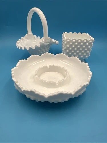 Vintage Fenton Hobnail Milk Glass Lot Of 3 Planter Vase Basket Candle Holder