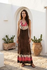 Yogi Wear Brown Tie Dye Boho Festival Vacation Beach Jersey Maxi Dress Sm-Lg