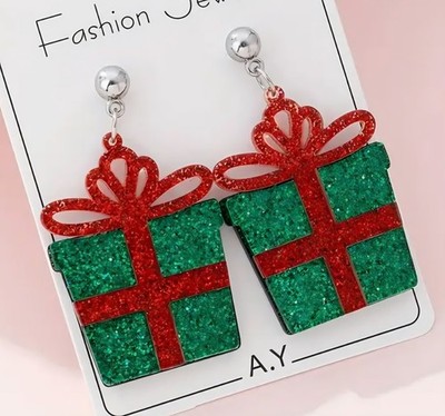 Acrylic Sparkling Green Christmas Present with Red Bow Dangle Earrings Festive 