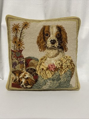 Vintage 12x12 Cavalier King Charles Spaniel Petit Needlepoint Throw Pillow