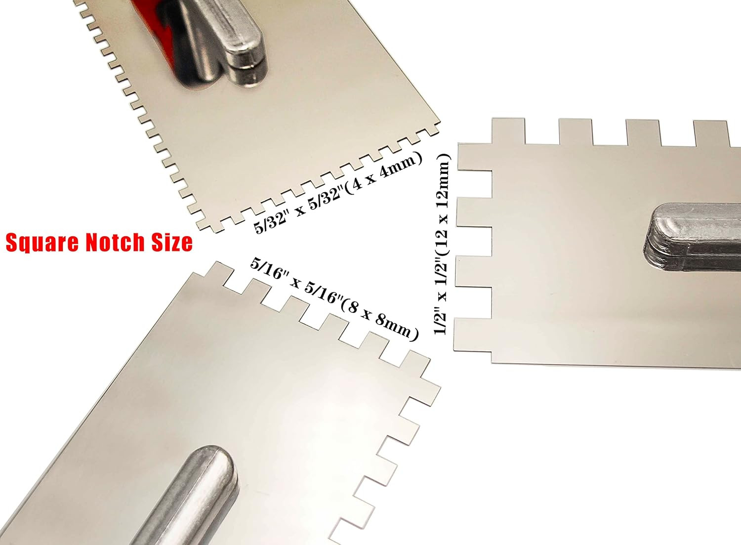 Tile Tools Stainless Steel Square Notched Trowel Set 3 PC (Notch Size: 5/32" & 5
