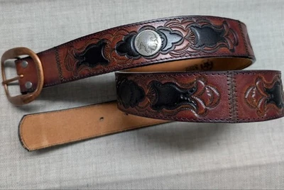 vintage USA made BUFFALO NICKEL buckle belt 36 leather WESTERN indian TOOLED - Image 1 of 4