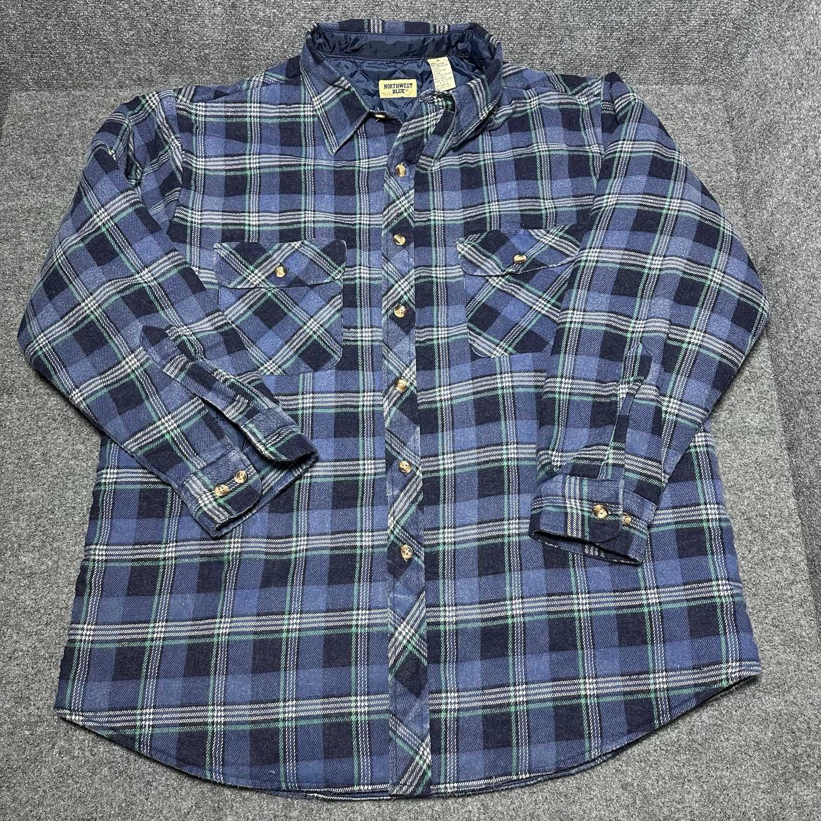 Vtg 90’s Northwest Blue Men’s Big Flannel Quilted Puffer Jacket Button Down (XL)