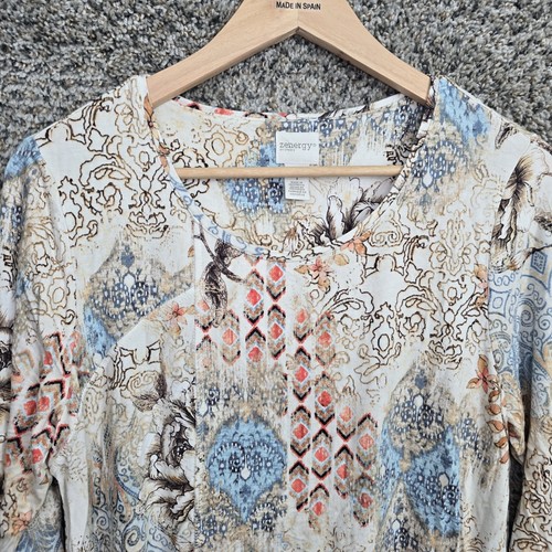 Top Chicos Zenergy para mujer 1 EE. UU. mediano beige cuello redondo túnica estampada elástica - Imagen 4 de 7