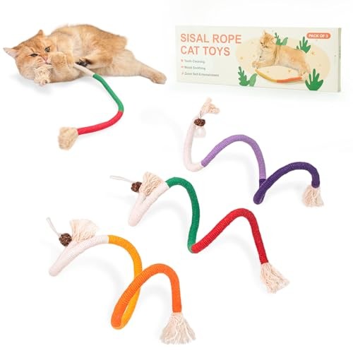 Jouets pour chat cordes à mâcher, 3 pièces corde à mâcher d'herbe à chat naturelle, jouet de nettoyage des dents sûr - Photo 1/6