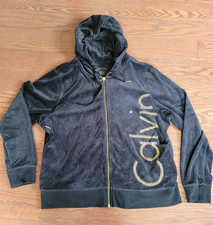 Calvin Klein Women 1X Black Velour Full Zip Hoodie Gold Rhinestone Logo/ Zipper