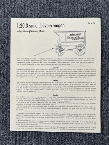 1:20.3 Scale Delivery Wagon Plan Set #76 Ted Stinson Railroad Modeling Hobbyist