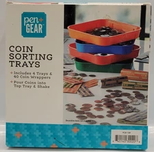 Coin Sorting Trays. 4 Trays + 40 Coin Wrappers *Pen + Gear* NEW