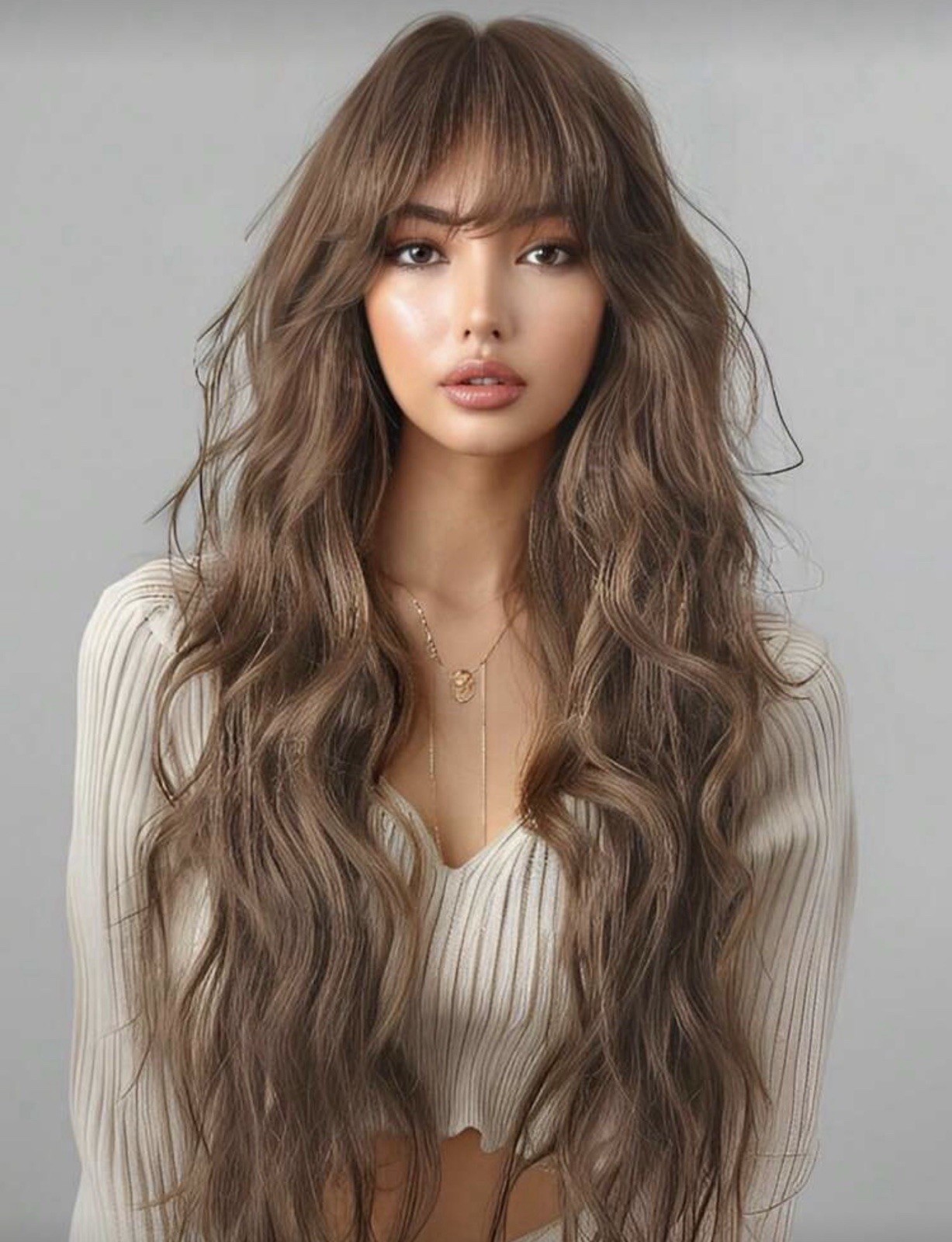 Perruque ultra longue châtain brun contre les cheveux fins volume immédiat 70cm