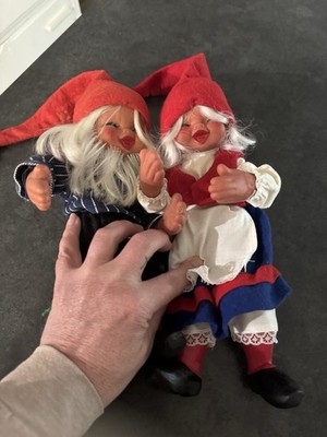 Vintage Rubber Arne Hasle Askim Norwegian Christmas Gnomes Elves Elf Pair Dolls