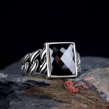 Black Zircon Stone 925 Sterling Silver Men's Ring Turkish Handmade Jewelry