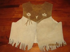 Vintage Kids Leather Vests Fringe Suede Brown Western Cowboy Costume Dress Up