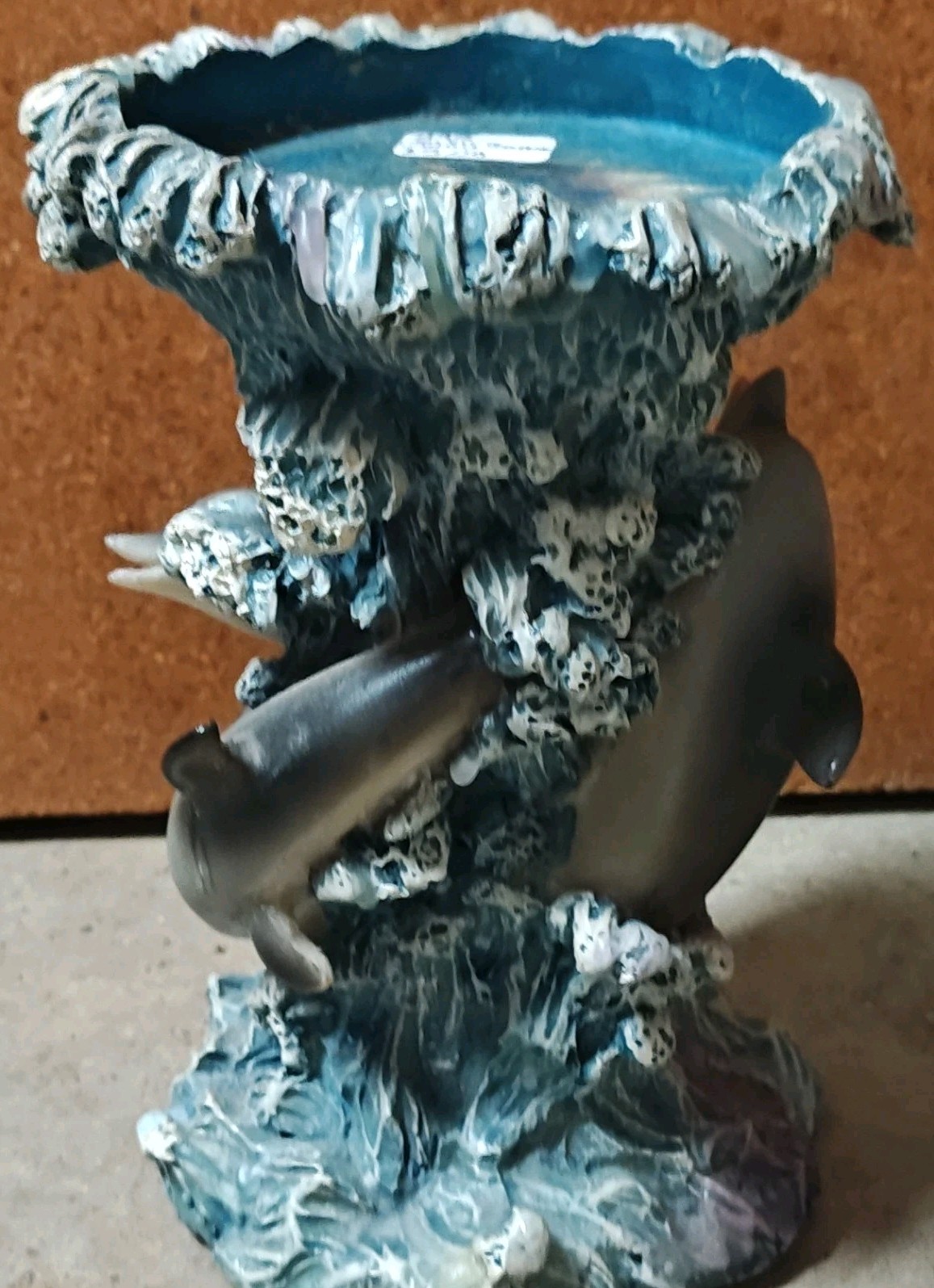 Dolphin Figurine Sculpture with Bowl Top, Rock/Coral Base Display Decor