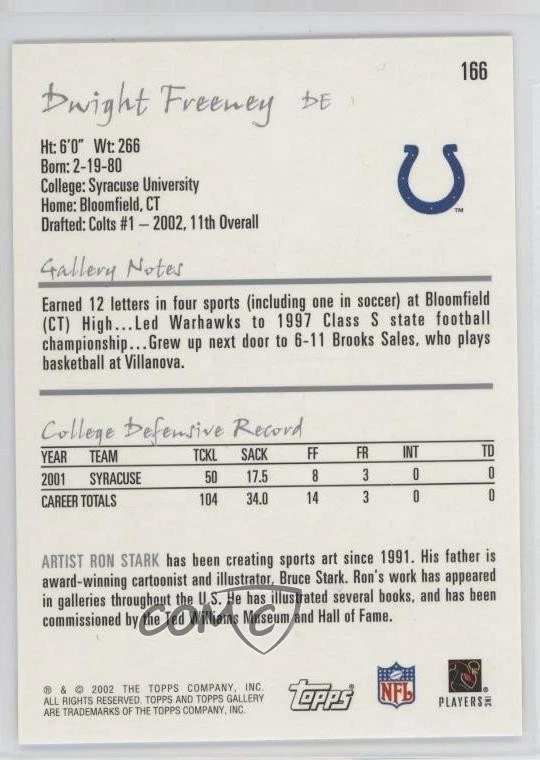 2002 Topps Gallery Dwight Freeney #166 Rookie RC HOF - Image 2 of 3