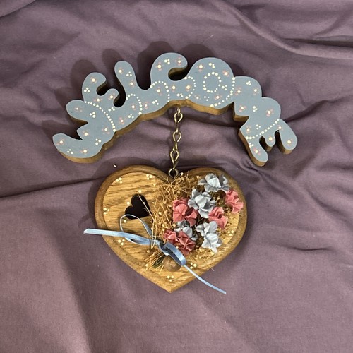 Vintage Wooden Heart W/Hook Flowers Welcome Sign Hand Painted Country Blue - Picture 1 of 1