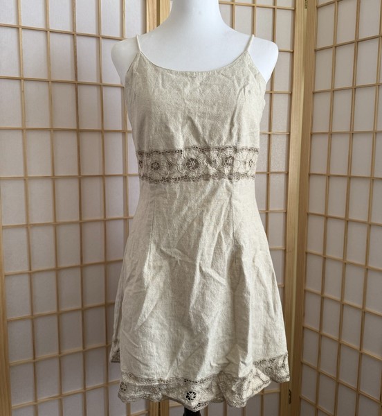 Handmade 90s Bali Linen Cotton Mini Dress S Beige Lace Trim Slip Dress Boho