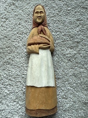 Vintage Folk Art Hand Carved Wood Bakery Woman Bread Mother 9  Artist Initials 