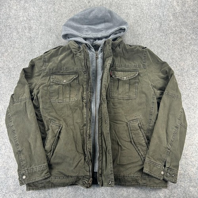 #ad Levi#x27;s Jacket Mens XL Green Military Hooded Lined Sherpa Zip Pockets Zip In $43.88