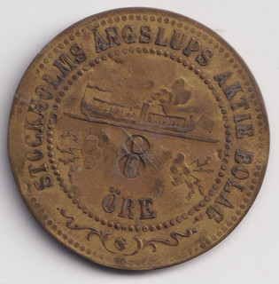 AUCTION START £1. STOCKHOLM SWEDEN 1800s ARGSLUPS AKTIE BOLAG 8 0RE TOKEN [7]