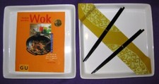 Servizio sushi, set asiatico, 7 pezzi piatti ceramica ciotole, bastoncini bambù, libro di cucina wok