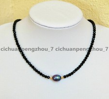 Faceted 3mm Bright Black Spinel Peacock Black Freshwater Rice Pearl Necklace 18"