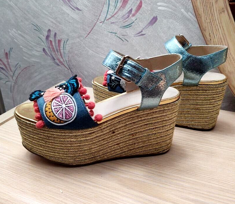 Asos Multicolor Open Toe High Platform Wedge Espa… - image 2