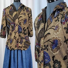 Vintage Laura Mae Brown/White/Blue/Plum Patterned Raglan Top Size 12