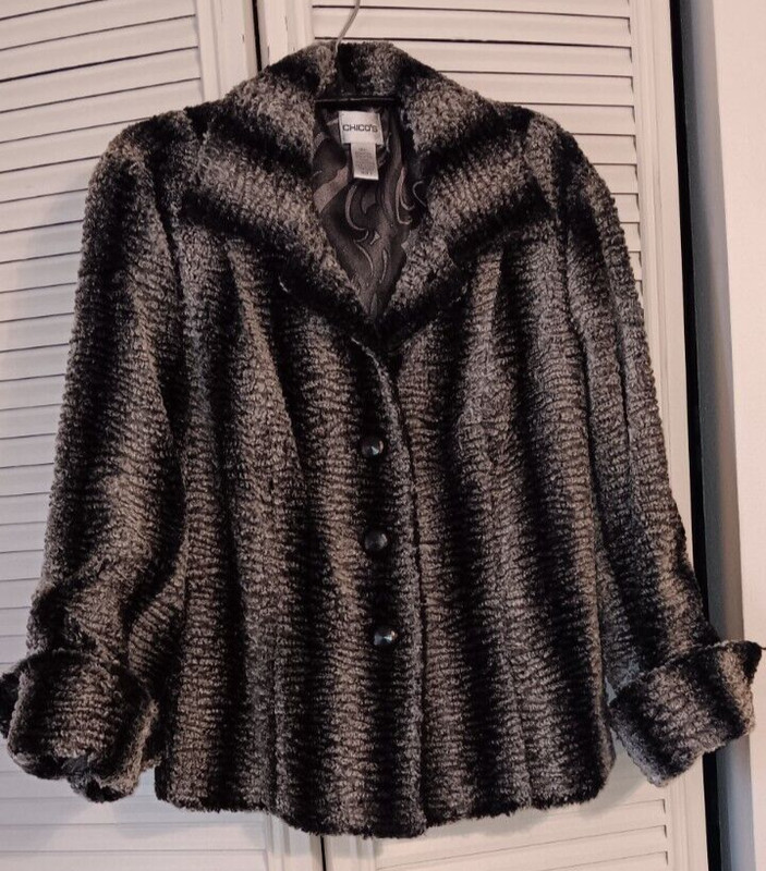 Chico's Faux Fur Jacket Gray & Black 3/4 Sleeve Chinchilla Women's 1