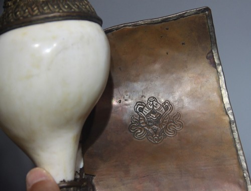 Real Rare Tibet Vintage Old Buddhist Copper Conch Horn Trumpet Dungdkar Shankha - Picture 14 of 18