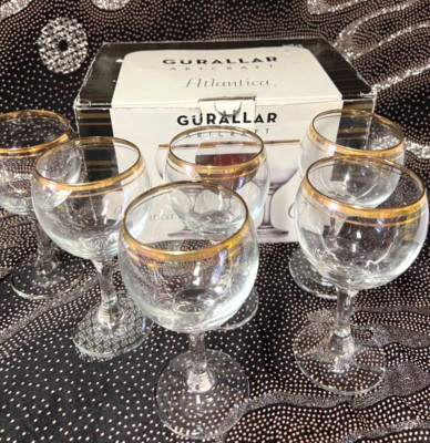 Turkish glass 6 wine glasses Atlantica Artcraft Gurallar  double gold rim new