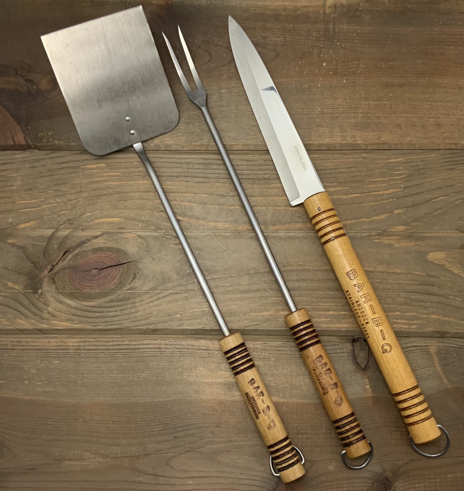 3 Vtg Androck BarBQ Grill Tools Stainless Steel Wood Handle Flipper