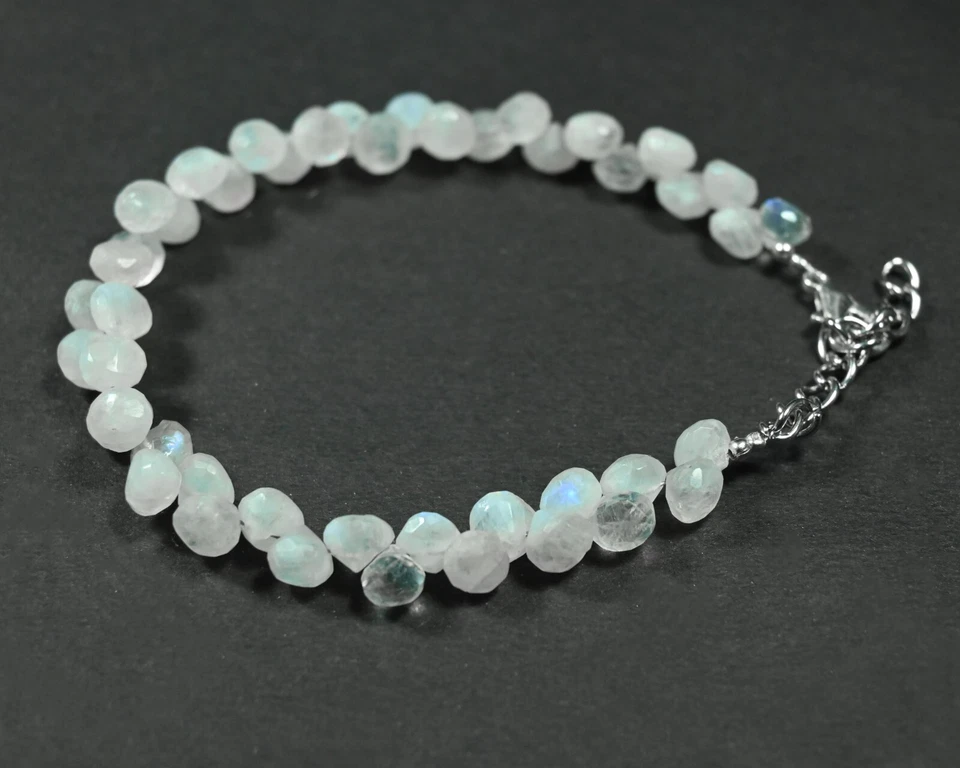 Blue Flash Rainbow Moonstone Faceted Onion Briolette Gemstone Bead 6-8" Bracelet - Image 3 of 4