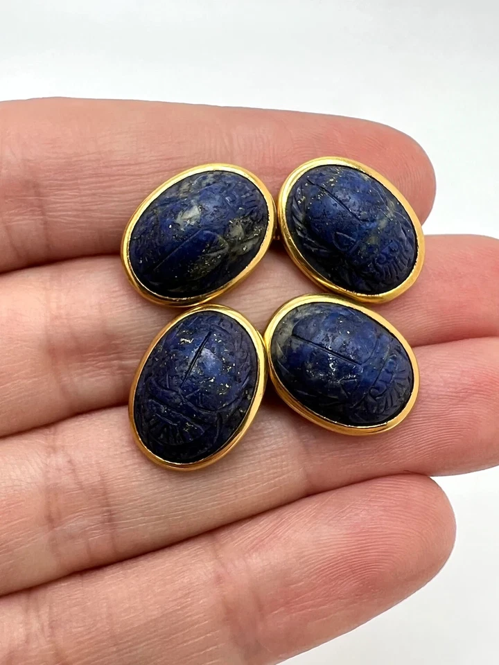 Naturale Lapislazzuli Gemma Placcato Oro 925 Argento Sterling Gemelli Per - Immagine 2 di 4