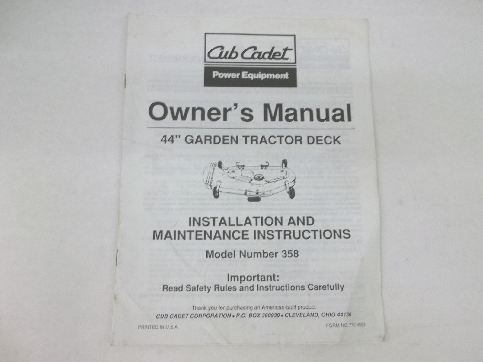 Buy Cub Cadet Model 358 44 Inch Garden Tractor Mower Deck Owners Manual  online | eBay