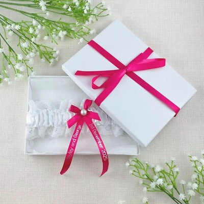 Personalised Garter - Hot Pink with Silver Text - Wedding Bride Lace Hen Party - Image 1 of 4
