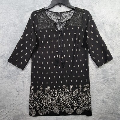 Rue 21 Shift Dress Womens XS Black Floral 1/2 Roll Tab Sleeve Keyhole Neck