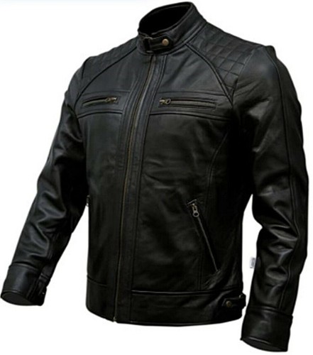 Men's Café Racer Waxed Real Lambskin Leather BLACK & Motorcycle Leather Jacket - Picture 3 of 5