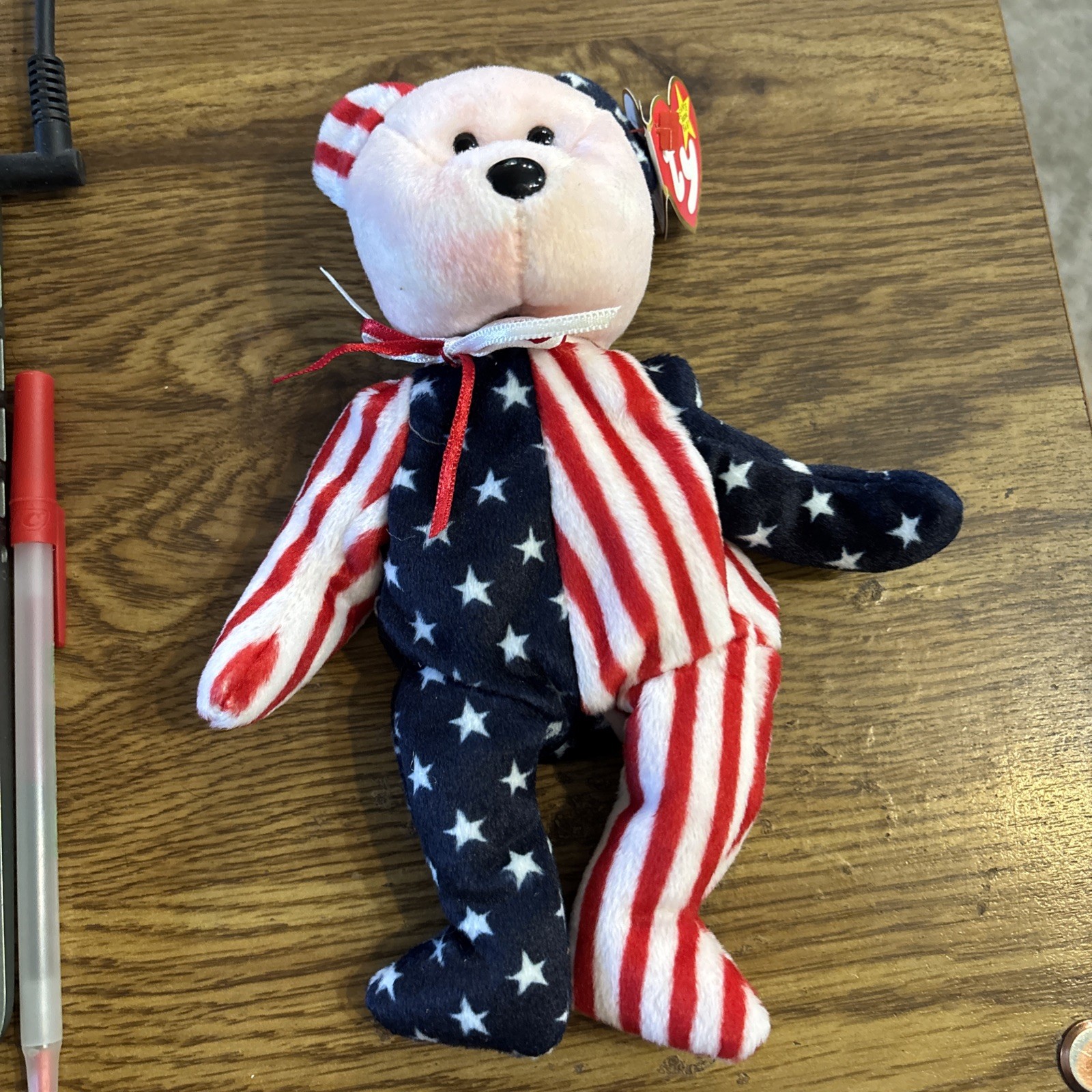 Ty Beanie Babies Spangle Bear ( Stars & Stripes) 6/14/1999 LNWT  Pink Head