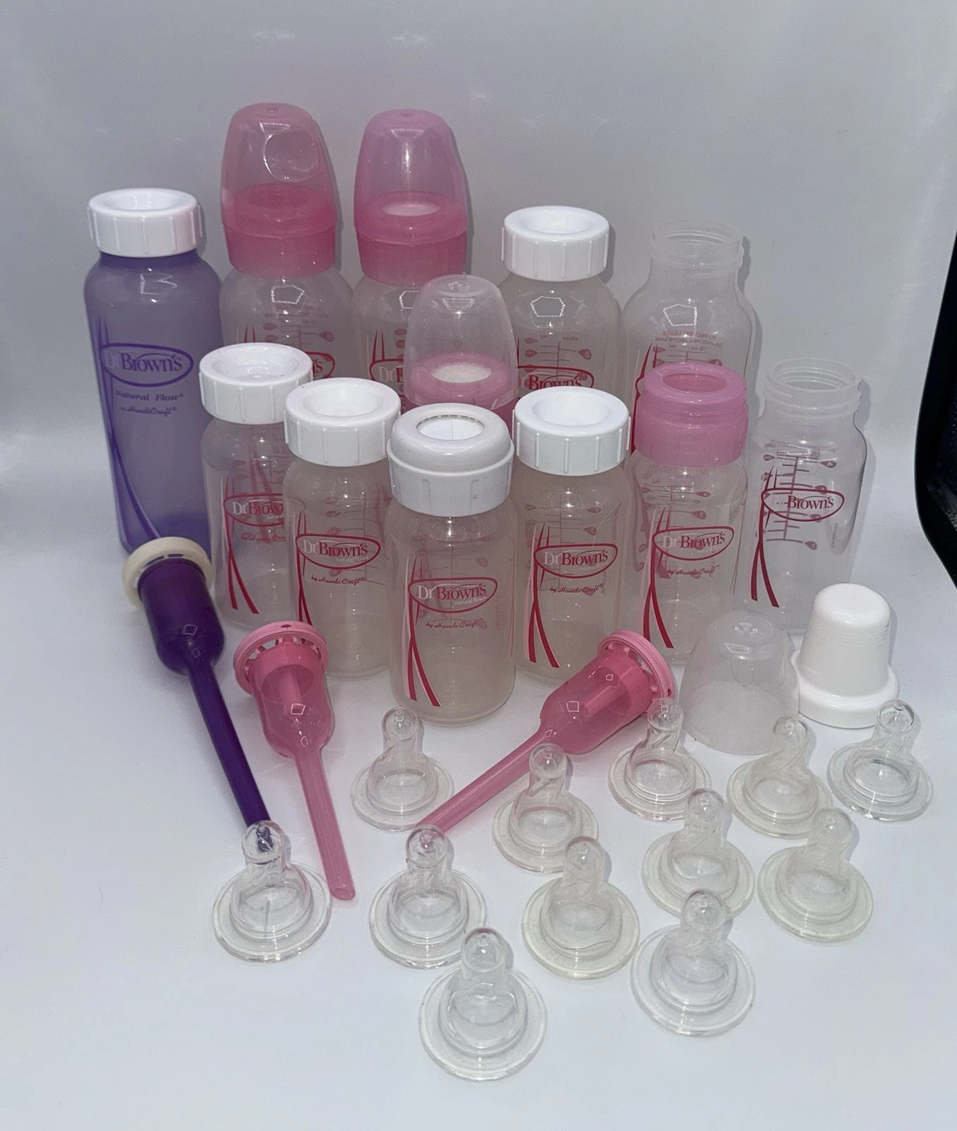 Dr.. Brown Baby Bottles Lot Of 12 Pink Purple Vents Nipple P, 1, 2, 3