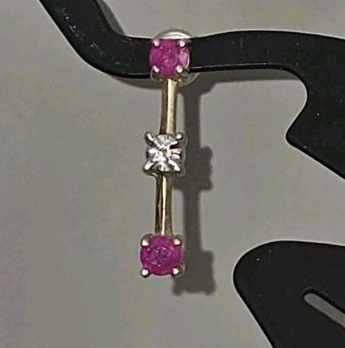 14K Yellow Gold Ruby Diamond  Anniversary Bar Drop Stud Earrings  - Image 3 of 4