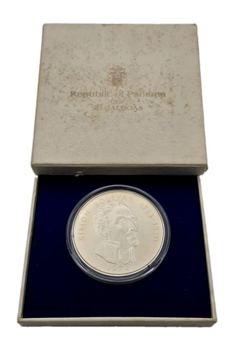 REPUBLIC OF PANAMA ONE 20 BALBOAS PROOF COIN .925 W/BOX NO COA 1974