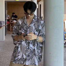 Men Hawaiian Shirt Short Sleeve Button Down Beach Tropical Summer Palm Leaf Top