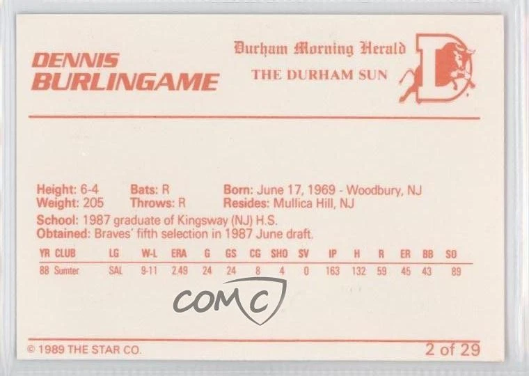 1989 Star Durham Bulls Blue/Orange Dennis Burlingame #2 - Image 2 of 2