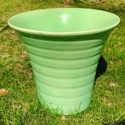 Vintage Bauer Pottery Jade Green Jardiniere Planter Spiral Rign Matt Carlton Era