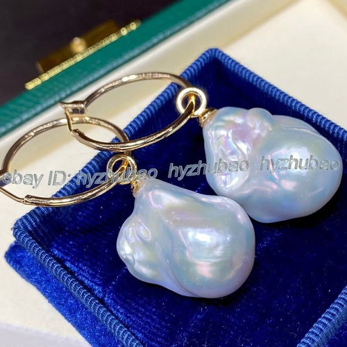 Natural AAA++ 15-25mm White Baroque Reborn Keshi Pearl Dangle Gold Hook Earrings - Picture 5 of 8