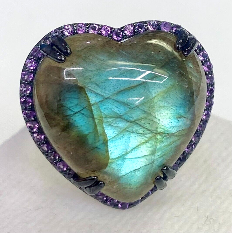 HSN Colleen Lopez Sterling Silver Heart-Shaped Labradorite & Amethyst Ring SZ 8